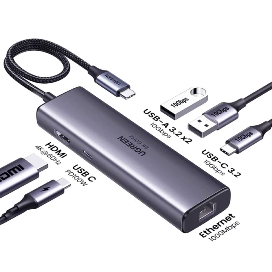 Hub chuyển Ugreen 6 in 1 Type C ra HDMI 4K@60Hz + USB 3.0 x 2 + LAN + USB-C 3.2 + PD 100W (45000)